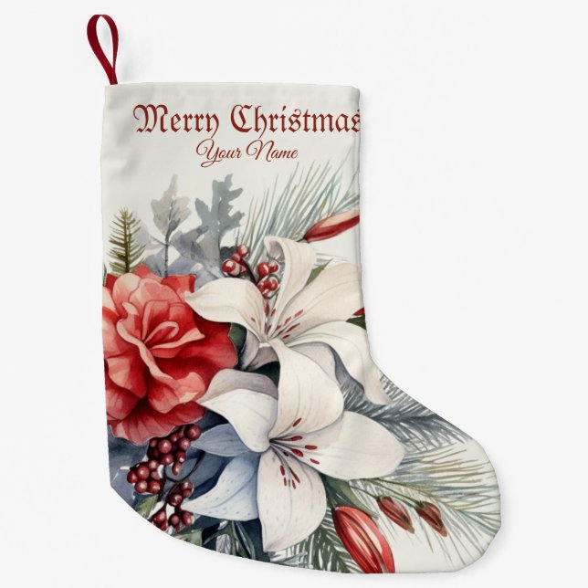 Jul Vit Röda Blommor Högtider Elegant Liten Julstrumpa (Framsidan)