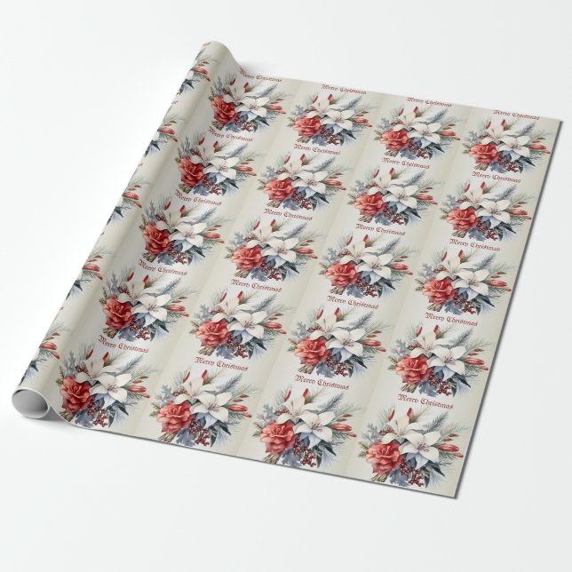 Jul Vit Röda Blommor Högtider Elegant Presentpapper (Utrullad)
