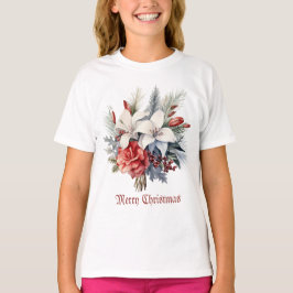 Jul Vit Röda Blommor Högtider Elegant T Shirt