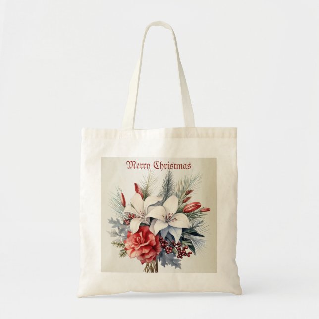 Jul Vit Röda Blommor Högtider Elegant Tygkasse (Framsidan)