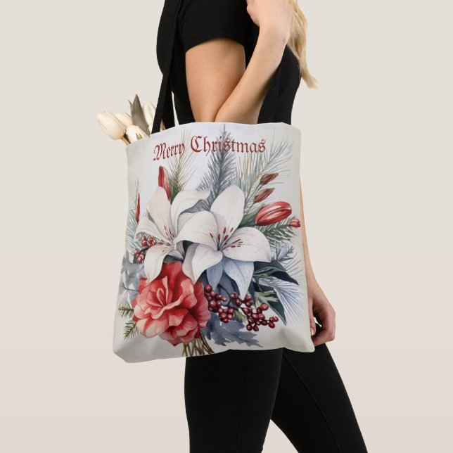 Jul Vit Röda Blommor Högtider Elegant Tygkasse (Närbild)