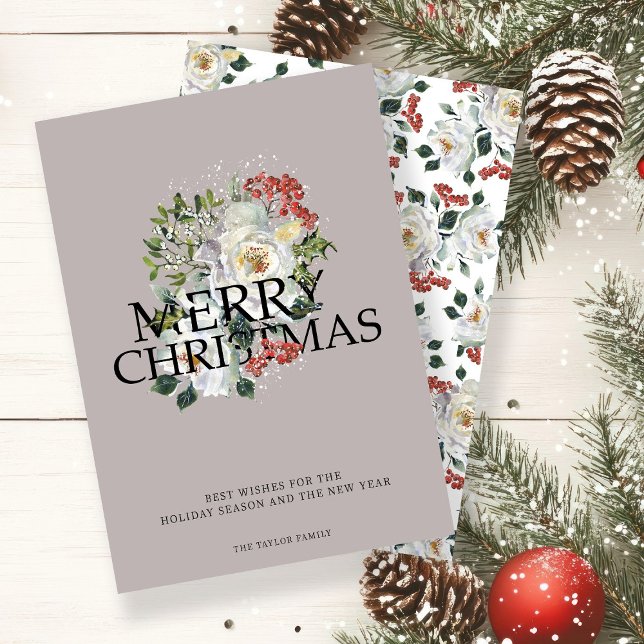 Jul Vit ros Flower Personlig Julkort (Christmas White Rose Flower Personalized Holiday Card by Ricaso. Stunning winter foliage with roses)