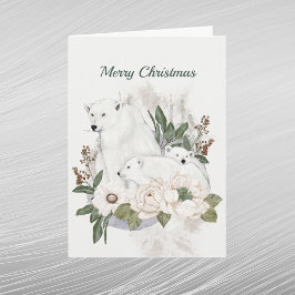 Jul Vit Vattenfärg med Isbjörnar och Blommor Helgkort