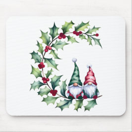Jul Watercolor Gnomes Sitta på Holly Twig Musmatta