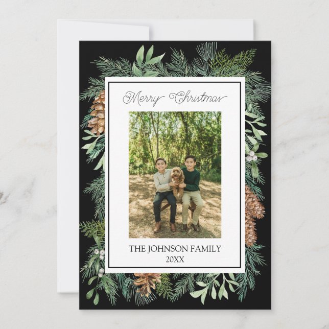 Jul Watercolor Greenery Botanical Black Julkort (Framsida)