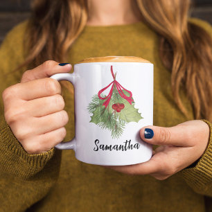 Jul Watercolor Holly Berries Greenery Script Kaffemugg