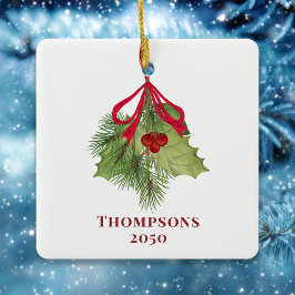 Jul Watercolor Holly Berries Greenery Simple Julgransprydnad Keramik