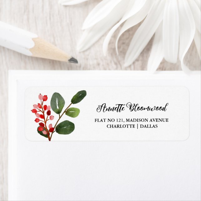 Jul Watercolor Holly Berry Returadress Etikett (Insitu)