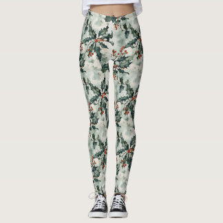 Jul Watercolor Holly Flowers och Berries Leggings