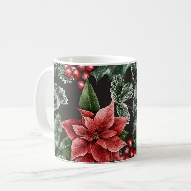 Jul Watercolor Poinsettia Mönster Kaffemugg (Framsida vänster)