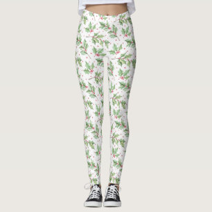 Jul Watercolor Red Grönt Holly Berries Legg Leggings