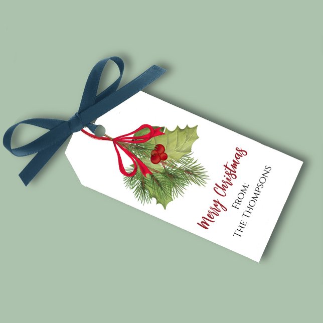 Jul Watercolor Red Holly Berries Simple Presentetikett (Merry Christmas Red holly berries greenery foliage gift tag. )