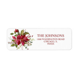 Jul Watercolor Red Poinsettia Holly Berry Returadress Etikett