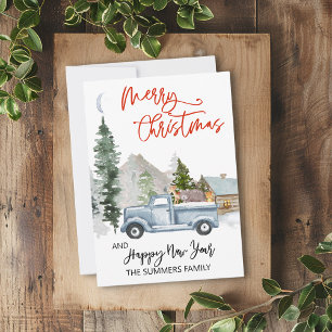 Jul Watercolor Winter Vintage Lastbil Woodland Julkort