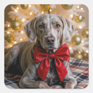 Jul-Weimaranerhund med röd rosett Fyrkantigt Klistermärke