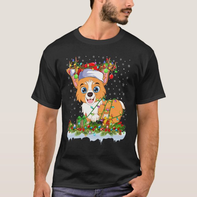 Jul Welsh Corgi Hund Julbelysning Tomte Ren T Shirt (Framsida)