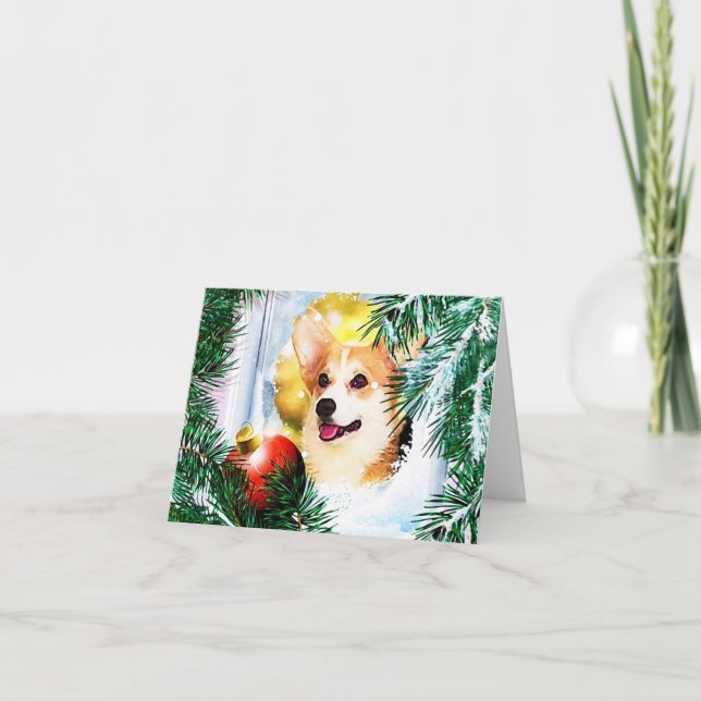 Jul-Welsh Corgi i vinterfönstret Helgkort (Framsida)