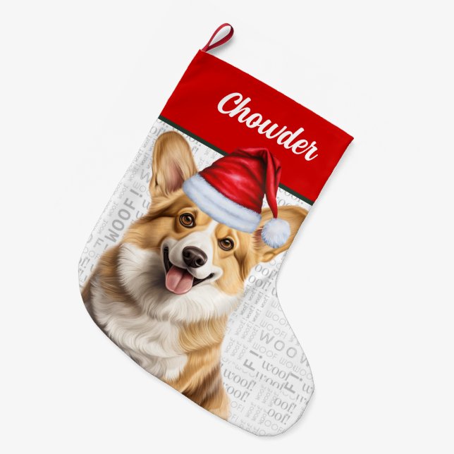 Jul Welsh Corgi Namn Woof Background Stor Julstrumpa (Framsidan (Hängande))