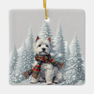 Jul Westie med snögräddhet i träd Julgransprydnad Keramik
