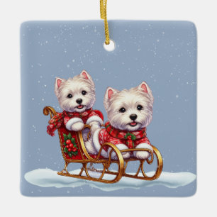 Jul Westies i en Sleigh-julprydnad Julgransprydnad Keramik