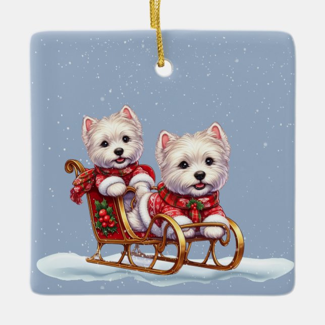 Jul Westies i en Sleigh-julprydnad Julgransprydnad Keramik (Framsida)