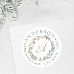 Jul Winter Berries Wandeans Monogram Adress Runt Klistermärke<br><div class="desc">Juldekal/etikett med rund returadress/etikett anpassningsbar-designad med personlig-monogram inringad i en elegant vattenfärgsfrö med julkrans med vinter-grön och röd bär. Den här dekordekdesignen är perfekten för att dekorera meddelanden,  inbjudningar,  DIY-presentationer och mycket annat!</div>
