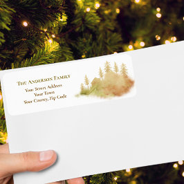 Jul Winter Brown Hut Forest Fir Träd Namn Returadress Etikett