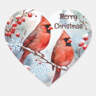 Jul, Winter-kardinal Red Bird Berries Forest Hjärtformat Klistermärke