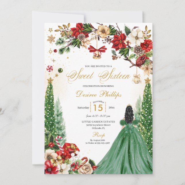 Jul Winter Poinsettia Princess Sweet sixteen Inbjudningar (Framsida)