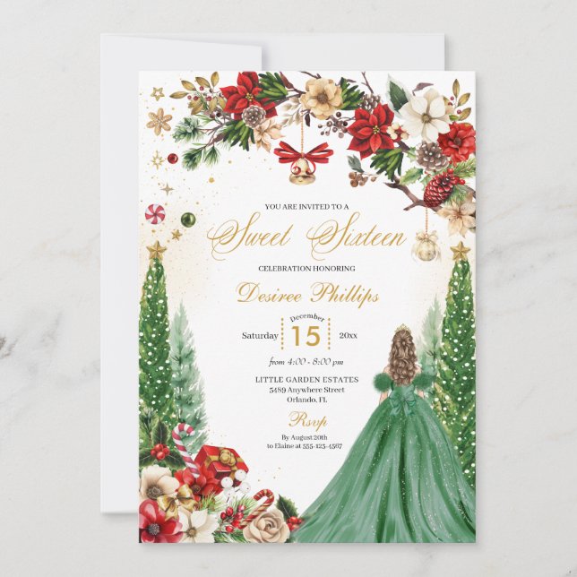 Jul Winter Poinsettia Princess Sweet sixteen Inbjudningar (Framsida)