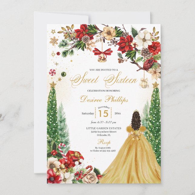 Jul Winter Red Guld Poinsettia Sweet sixteen Inbjudningar (Framsida)