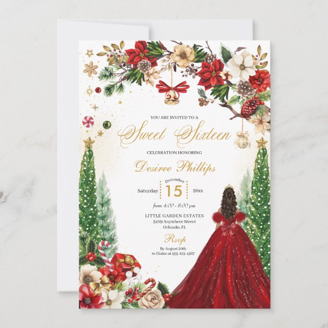 Jul Winter Red Guld Poinsettia Sweet sixteen Inbjudningar (Framsida)