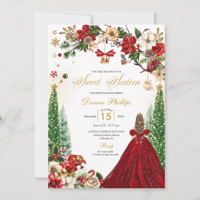 Jul Winter Red Guld Poinsettia Sweet sixteen Inbjudningar (Framsida)