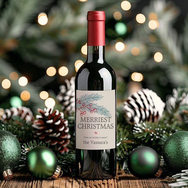 Jul Winter Sprig Berry Greenery Vinflaska Etikett (Christmas Winter Sprig Berry Greenery Wine Label)