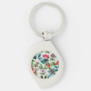 Jul Winter Wood Nature Holly Berry Pinecones Swirl Silverfärgad Nyckelring