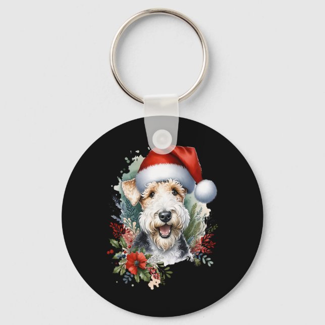 Jul Wire Fox Terrier Hund Vattenfärg Konst  Nyckelring (Framsida)
