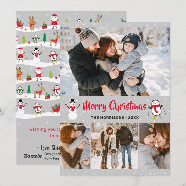 Jul Wonderland Snögubbe Penguin 4 Photo Julkort (Fram/baksida)