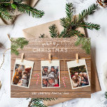 Jul Wood Rustic Rope Photo Collage Helg Vykort<br><div class="desc">Vårt fantastiska fotokort för helgdag Wood Rustic Rope Collage är ett charmerande och festligt sätt att visa dina helgdag. Det här vackert designade kortet innehåller tre av dina anpassningsbar-foton, som var och en hänger på ett rostfritt rep med kläder och skapar en mysigt och nostalgisk visning mot en varm träbakgrund....</div>