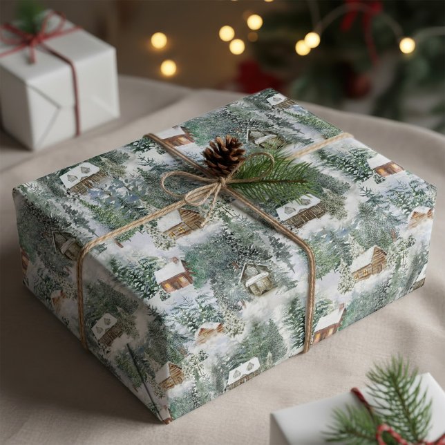 Jul Woodland Cabins Watercolor Presentpapper (Skapare uppladdad)