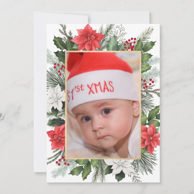 Jul Xmas Blommig Platt Högtidlig Kort (Framsida)
