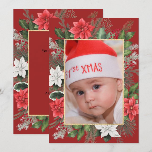 Jul Xmas Blommig Röd Platt Högtidlig Kort (Fram/baksida)