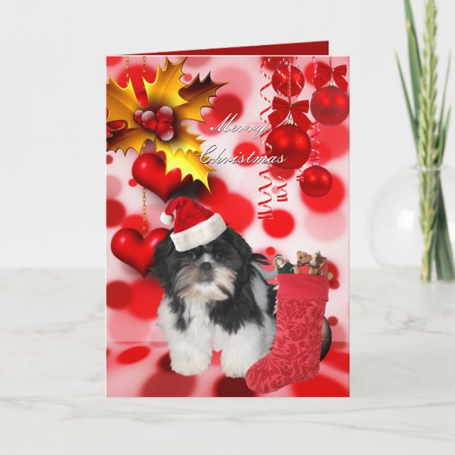 Jul Xmas Hund Shitzu Valp Hatt Hjärtan Helgkort (Framsida)
