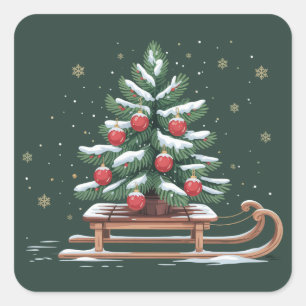 Jul Xmas Träd Släd Vinter Jul Snöflingor Fyrkantigt Klistermärke