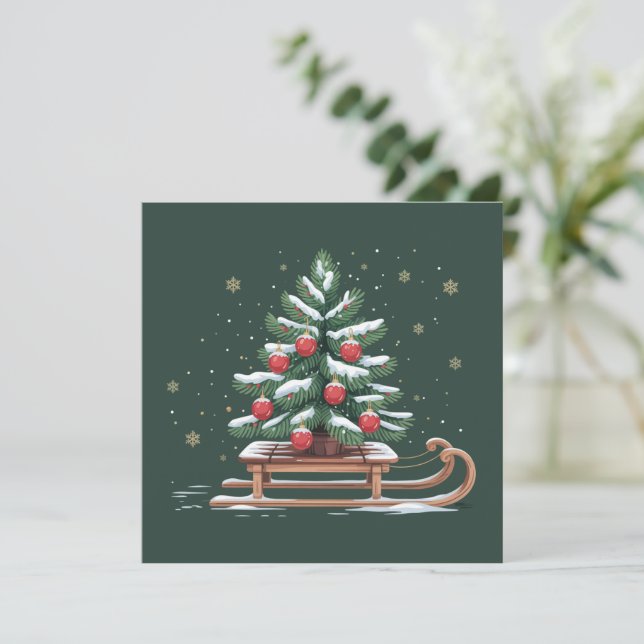 Jul Xmas Träd Sleigh Vinter Jul Snöflingor Julkort (Stående Fram)