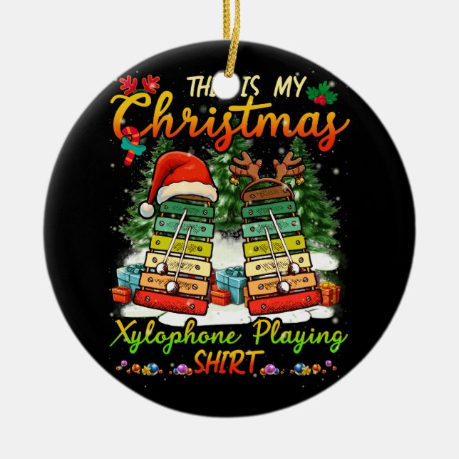 Jul Xylophone spelar tre Santa Elf Xyloph Julgransprydnad Keramik (Framsidan)