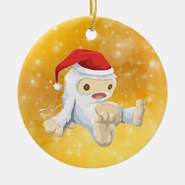 Jul Yeti Doll med Guld Bokeh Background Julgransprydnad Keramik (Framsidan)