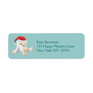 Jul Yeti Doll Wearing a Santa Hat Returadress Etikett