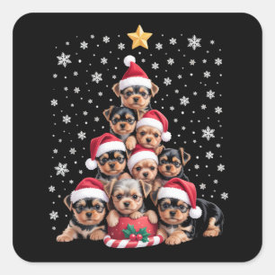 Jul Yorkie Hund Älskare Träd Xmas Husdjur Djur Fyrkantigt Klistermärke