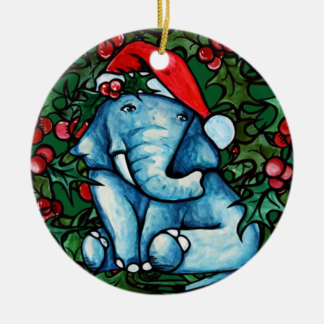 Jul Yule Elephant med Holly Julgransprydnad Keramik (Framsidan)