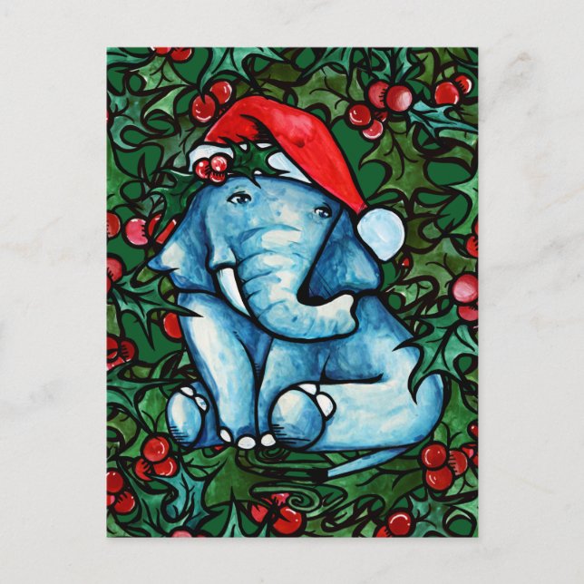 Jul Yule Elephant med Holly Vykort (Framsida)
